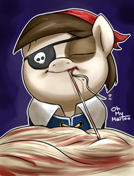 Size: 1542x2027 | Tagged: safe, artist:ohmymarton, imported from derpibooru, pipsqueak, eating, eyepatch, male, messy eating, pipsqueak eating spaghetti, pirate, solo, spaghetti