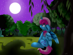 Size: 1600x1200 | Tagged: safe, artist:crystalcolour, imported from derpibooru, oc, oc only, oc:parcly taxel, alicorn, pony, alicorn oc, everfree forest, moon, night, solo, stars