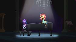 Size: 1258x698 | Tagged: safe, imported from derpibooru, screencap, sunset shimmer, twilight sparkle, equestria girls, friendship through the ages, musical instrument, piano, twilight sparkle (alicorn)