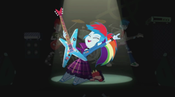 Size: 1260x701 | Tagged: safe, imported from derpibooru, screencap, crimson napalm, rainbow dash, thunderbass, equestria girls, friendship through the ages, rainbow rocks, background human, devil horn (gesture), guitar, rainbow punk