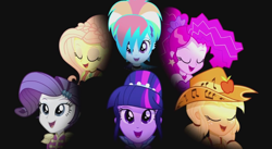 Size: 1265x691 | Tagged: safe, imported from derpibooru, screencap, applejack, fluttershy, pinkie pie, rainbow dash, rarity, twilight sparkle, equestria girls, friendship through the ages, bare shoulders, bohemian rhapsody, country applejack, female, folk fluttershy, humane five, humane six, mane six, new wave pinkie, queen (band), rainbow punk, sgt. rarity, sleeveless, strapless, twilight sparkle (alicorn)