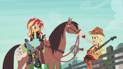 Size: 1920x1080 | Tagged: safe, imported from derpibooru, screencap, applejack, sunset shimmer, horse, equestria girls, friendship through the ages, apple, clothes, country applejack, female, guitar, sitting, sleeveless