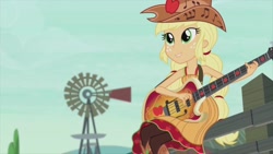 Size: 1280x720 | Tagged: safe, imported from derpibooru, screencap, applejack, equestria girls, friendship through the ages, country applejack, farm, guitar, lip bite, sleeveless, windmill