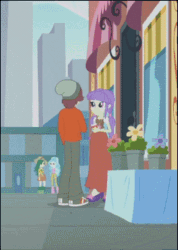 Size: 257x360 | Tagged: safe, imported from derpibooru, screencap, normal norman, paisley, rarity, starlight, starshine, sweet leaf, equestria girls, life is a runway, rainbow rocks, animated, background human, blushing, canterlot city, shipping fuel, starmal