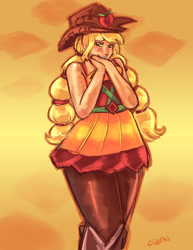 Size: 2550x3300 | Tagged: safe, artist:checkerboardazn, imported from derpibooru, applejack, equestria girls, friendship through the ages, rainbow rocks, country applejack, female, humanized, sleeveless, solo, that was fast, thunder thighs