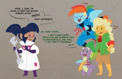 Size: 900x584 | Tagged: safe, artist:egophiliac, imported from derpibooru, applejack, rainbow dash, spike, twilight sparkle, robot, steamquestria, comic, dismemberment, humanized, sewing, steampunk