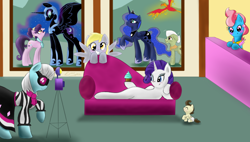 Size: 1440x818 | Tagged: safe, artist:paint-splotch, imported from derpibooru, cup cake, derpy hooves, granny smith, nightmare moon, philomena, photo finish, pound cake, princess luna, rarity, suri polomare, pegasus, phoenix, pony, cupcake, female, mare, pose, tabitha st. germain, voice actor joke