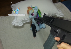 Size: 1037x719 | Tagged: safe, imported from derpibooru, rainbow dash, airsoft, assault rifle, bayonet, daewoo k1a, desktop ponies, edgy, female, gun, irl, photo, pistol, sprite, threatening, toy, walter ppq, why