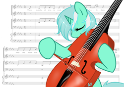 Size: 1280x900 | Tagged: safe, artist:azure-doodle, imported from derpibooru, lyra heartstrings, pony, winter wrap up, bow (instrument), cello, cello bow, eyes closed, female, mare, music, musical instrument, sexually confused lyra, sheet music, solo