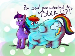 Size: 1440x1080 | Tagged: safe, artist:nanoblade, imported from derpibooru, rainbow dash, twilight sparkle, alicorn, pony, fat, female, huge butt, large butt, mare, obese, rainblob dash, twilight sparkle (alicorn), weight gain