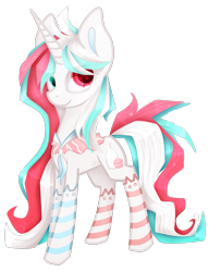 Size: 961x1181 | Tagged: safe, artist:zmei-kira, imported from derpibooru, oc, oc only, pony, unicorn, clothes, heterochromia, socks, solo, striped socks