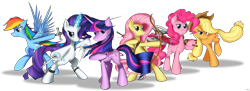 Size: 6421x2343 | Tagged: safe, artist:flamevulture17, imported from derpibooru, applejack, fluttershy, pinkie pie, rainbow dash, rarity, twilight sparkle, alicorn, pony, female, mane six, mare, twilight sparkle (alicorn)