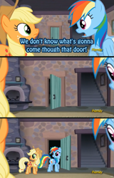 Size: 375x585 | Tagged: safe, imported from derpibooru, applejack, rainbow dash, the cutie map, desktop ponies, exploitable meme, meme, that door