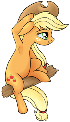 Size: 534x934 | Tagged: safe, artist:kenaibear, imported from derpibooru, applejack, armpits, female, fence, signature, sitting, solo