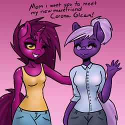 Size: 3937x3937 | Tagged: safe, artist:pitchyy, imported from derpibooru, oc, oc only, oc:corona gleam, oc:pitch, anthro, duo, female, lesbian