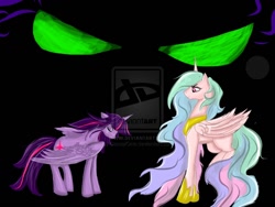 Size: 1024x768 | Tagged: dead source, safe, artist:hannandpencil, imported from derpibooru, king sombra, princess celestia, twilight sparkle, alicorn, pony, deviantart watermark, female, mare, obtrusive watermark, twilight sparkle (alicorn), watermark