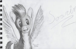 Size: 1280x820 | Tagged: safe, artist:harricmills, imported from derpibooru, soarin', male, monochrome, pencil drawing, solo, traditional art
