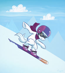 Size: 1062x1200 | Tagged: safe, artist:erysz, imported from derpibooru, double diamond, the cutie map, clothes, goggles, male, scarf, skiing helmet, snow, snowboard, solo