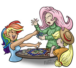 Size: 1000x899 | Tagged: artist needed, safe, imported from derpibooru, applejack, fluttershy, rainbow dash, human, board game, catan, clothes, hat, humanized, shirt, sweater, sweatershy, tanktop, the settlers of catan