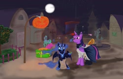 Size: 3047x1960 | Tagged: safe, artist:kwendynew, imported from derpibooru, nightmare moon, pinkie pie, twilight sparkle, pony, filly, moon, nightmare night
