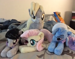 Size: 2052x1606 | Tagged: safe, artist:equinepalette, imported from derpibooru, derpy hooves, fluttershy, octavia melody, trixie, pegasus, pony, beanie (plushie), cape, clothes, female, irl, mare, photo, plushie