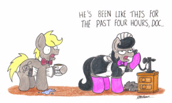 Size: 2280x1370 | Tagged: safe, artist:bobthedalek, imported from derpibooru, oc, oc only, oc:mixed melody, oc:octavia's father, oc:octavia's mother, oc:ostinato melody, earth pony, pony, clothes, drool, duo, female, maid, male, mug, newspaper, phone, shocked, socks