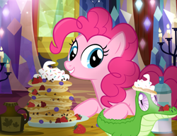 Size: 1200x927 | Tagged: safe, artist:pixelkitties, imported from derpibooru, gummy, pinkie pie, castle sweet castle, pancakes