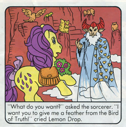 Size: 434x437 | Tagged: safe, imported from derpibooru, lemon drop, comic, context is for the weak, g1, official, stone-hearted sorceror, text, the magic feather, wizard