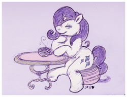 Size: 670x511 | Tagged: safe, artist:twinklestahh, imported from derpibooru, rarity, female, sitting, solo, table, tea