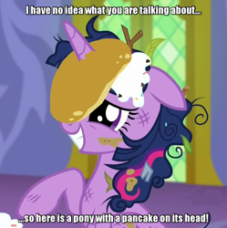 Size: 1068x1072 | Tagged: safe, imported from derpibooru, screencap, twilight sparkle, alicorn, pony, castle sweet castle, female, food, horn impalement, i'm pancake, image macro, mare, meme, oolong, pancakes, twilight sparkle (alicorn)