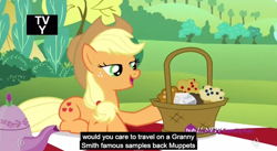 Size: 850x467 | Tagged: safe, imported from derpibooru, screencap, applejack, maud pie (episode), meme, muffin, the muppets, youtube caption