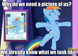 Size: 947x677 | Tagged: safe, imported from derpibooru, rainbow dash, castle sweet castle, discovery family logo, hypocritical humor, image macro, logic, meme, photo