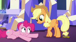 Size: 836x468 | Tagged: safe, imported from derpibooru, screencap, applejack, pinkie pie, castle sweet castle, discovery family logo