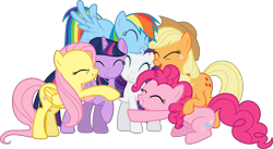 Size: 6870x3770 | Tagged: safe, artist:90sigma, imported from derpibooru, applejack, fluttershy, pinkie pie, rainbow dash, rarity, twilight sparkle, alicorn, earth pony, pegasus, pony, unicorn, the cutie map, ^^, cowboy hat, eyes closed, female, freckles, group hug, hat, hug, mane six, mare, simple background, smiling, stetson, transparent background, twilight sparkle (alicorn), vector