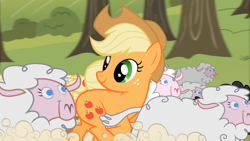 Size: 1366x768 | Tagged: safe, imported from derpibooru, screencap, applejack, sheep, sisterhooves social