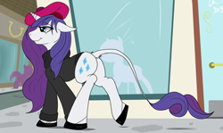 Size: 2500x1489 | Tagged: safe, artist:jinyaranda, imported from derpibooru, rarity, classical unicorn, beatnik rarity, beret, clothes, hat, leonine tail, solo