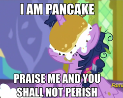 Size: 887x709 | Tagged: safe, imported from derpibooru, screencap, twilight sparkle, alicorn, pony, castle sweet castle, female, horn impalement, i'm pancake, image macro, mare, meme, pancakes, twilight sparkle (alicorn)