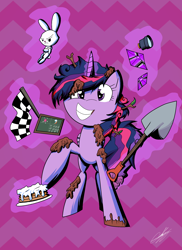 Size: 1586x2176 | Tagged: safe, artist:therandomjoyrider, imported from derpibooru, angel bunny, twilight sparkle, alicorn, pony, castle sweet castle, chalkboard, checkered flag, female, flag, food, gem, mare, messy mane, mud, pancakes, procrastination, shovel, twilight sparkle (alicorn), whipped cream