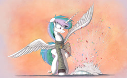 Size: 2000x1229 | Tagged: safe, artist:ncmares, imported from derpibooru, princess celestia, castle sweet castle, arizona state university, clothes, female, hidden confetti cannon, messy mane, missing accessory, pillow, solo