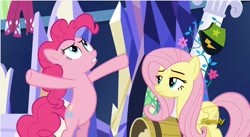 Size: 856x469 | Tagged: safe, imported from derpibooru, screencap, fluttershy, pinkie pie, castle sweet castle, unamused