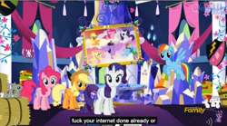 Size: 850x473 | Tagged: safe, edit, edited screencap, imported from derpibooru, screencap, applejack, pinkie pie, rainbow dash, rarity, castle sweet castle, caption, meme, vulgar, youtube caption