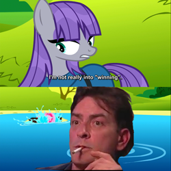 Size: 1280x1280 | Tagged: safe, edit, edited screencap, imported from derpibooru, screencap, maud pie, pinkie pie, earth pony, human, pony, charlie sheen, cigarette, comic, female, image macro, male, mare, meme, smoking, winning