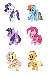 Size: 524x810 | Tagged: safe, artist:gopherfrog, imported from derpibooru, applejack, fluttershy, pinkie pie, rainbow dash, rarity, twilight sparkle, alicorn, pony, cute, female, happy, mane six, mare, open mouth, simple background, smiling, transparent background, twilight sparkle (alicorn), watermark