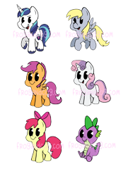 Size: 540x746 | Tagged: safe, artist:gopherfrog, imported from derpibooru, apple bloom, derpy hooves, scootaloo, shining armor, spike, sweetie belle, pegasus, pony, adorabloom, background pony, cute, cutealoo, cutie mark crusaders, derpabetes, diasweetes, female, happy, mare, open mouth, shining adorable, smiling, spikabetes, watermark