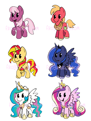 Size: 540x718 | Tagged: safe, artist:gopherfrog, imported from derpibooru, big macintosh, cheerilee, princess cadance, princess celestia, princess luna, sunset shimmer, alicorn, earth pony, pony, unicorn, cheeribetes, cute, cutedance, cutelestia, female, freckles, happy, hoof shoes, jewelry, lunabetes, macabetes, male, mare, open mouth, peytral, raised hoof, regalia, shimmerbetes, smiling, spread wings, stallion, wings