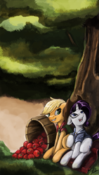 Size: 563x1000 | Tagged: safe, artist:xenstroke, imported from derpibooru, applejack, rarity, accessory swap, apple, female, lesbian, rarijack, shipping