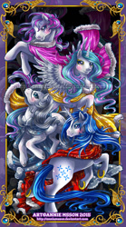 Size: 600x1081 | Tagged: safe, artist:anniemsson, imported from derpibooru, majesty, princess celestia, princess silver swirl, royalette, female, g1, g2, g3, g4, square crossover