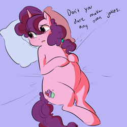 Size: 540x540 | Tagged: safe, artist:glacierclear, artist:jeremystorm, imported from derpibooru, sugar belle, pony, unicorn, belly, blushing, bun in the oven, chest fluff, colored, cute, embarrassed, female, fluffy, frown, hilarious in hindsight, looking away, on back, pregnant, sensibly-proportioned pregnancy, solo, sugarbetes