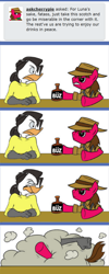 Size: 542x1351 | Tagged: safe, artist:calbeck, artist:greyofpta, imported from derpibooru, oc, oc only, oc:cherry pie, duck, fallout equestria, alcohol, bar fight, fight, inflatabelle, looking at each other, underhoof