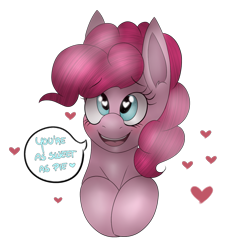 Size: 1087x1200 | Tagged: safe, artist:dweebpone, imported from derpibooru, pinkie pie, earth pony, pony, bust, dialogue, female, heart, heart eyes, looking at you, mare, open mouth, simple background, smiling, solo, speech bubble, transparent background, wingding eyes